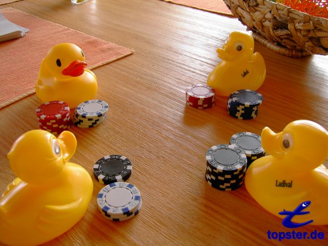 Ente-Anna, Ente-Bernd, Ente-Tom und ich spielen Entenpoker